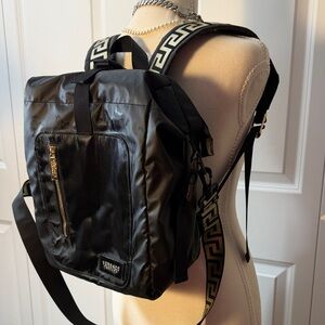 Versace Black Nylon Backpack with Gold Hardware and Greek Key Straps